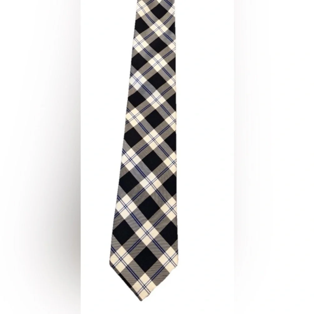 Tommy Hilfiger Silk Necktie Black White Blue Plaid Check Preppy